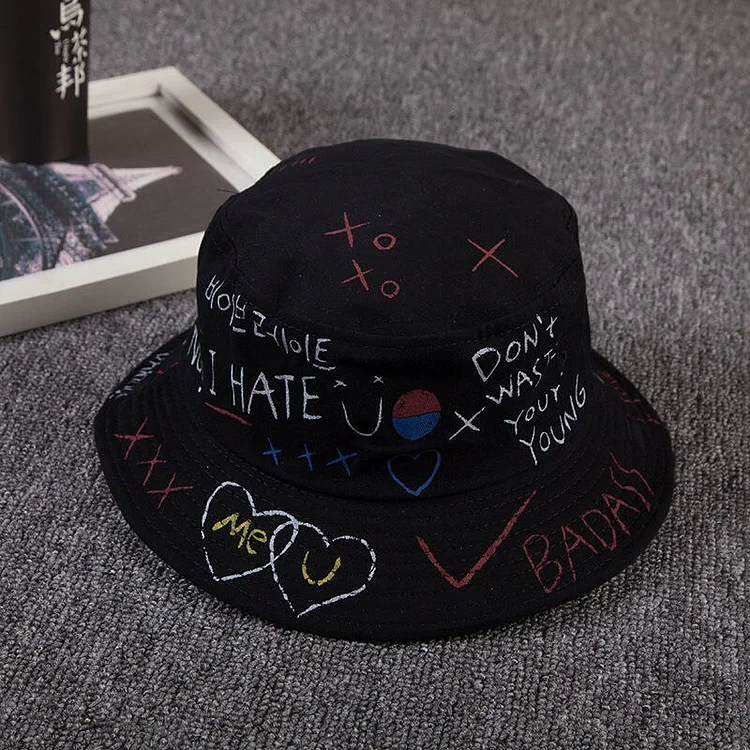 Unisex Harajuku Bucket Hat Graffiti Outdoor Doodle Panama Hip Hop Cap Korean Style Breaking Rapper Fans Sun Visor Hat YY170