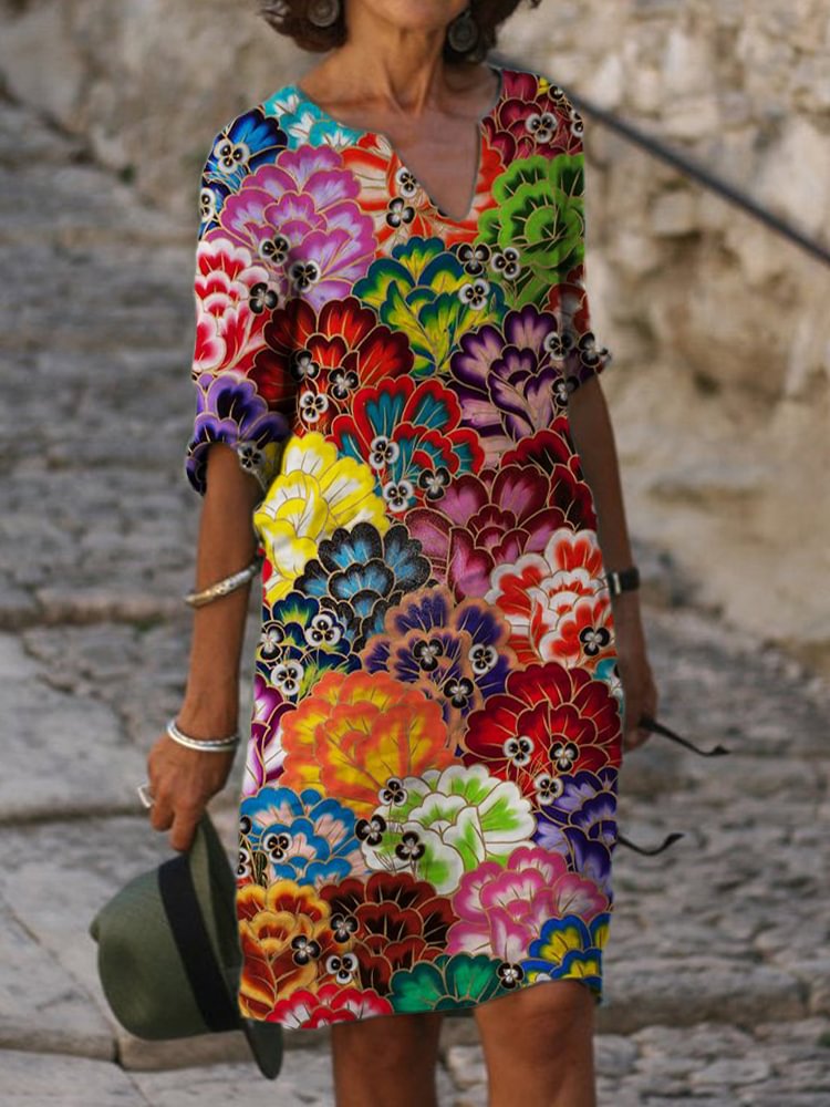Mexican Flowers Art Notch Neck Midi Dress