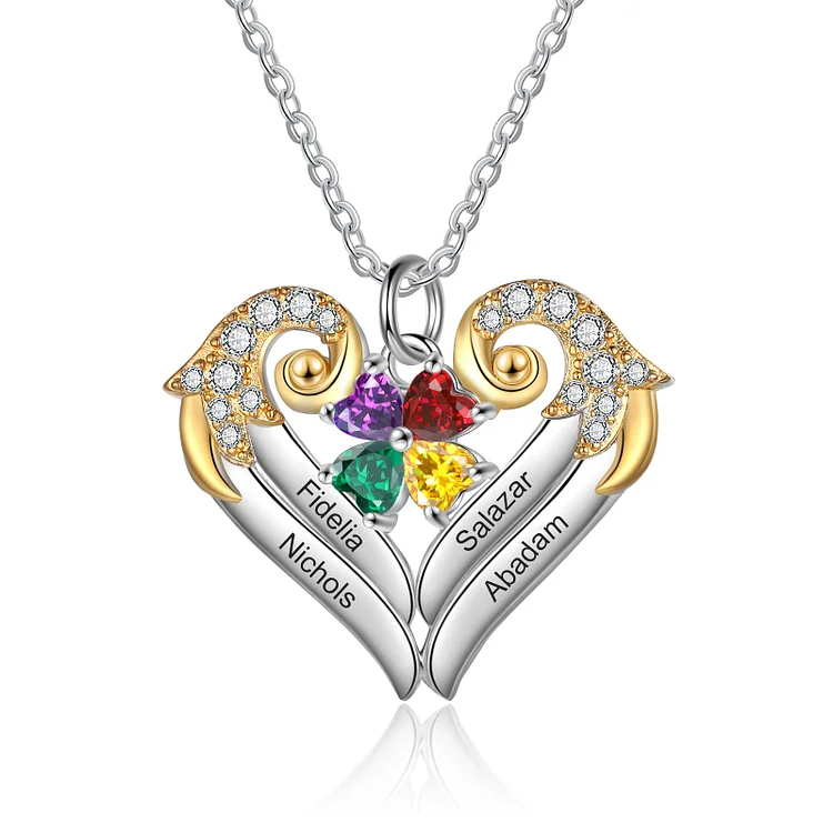 Heart Angel Wings Necklace Personalized 4 Birthstones Necklace for Her