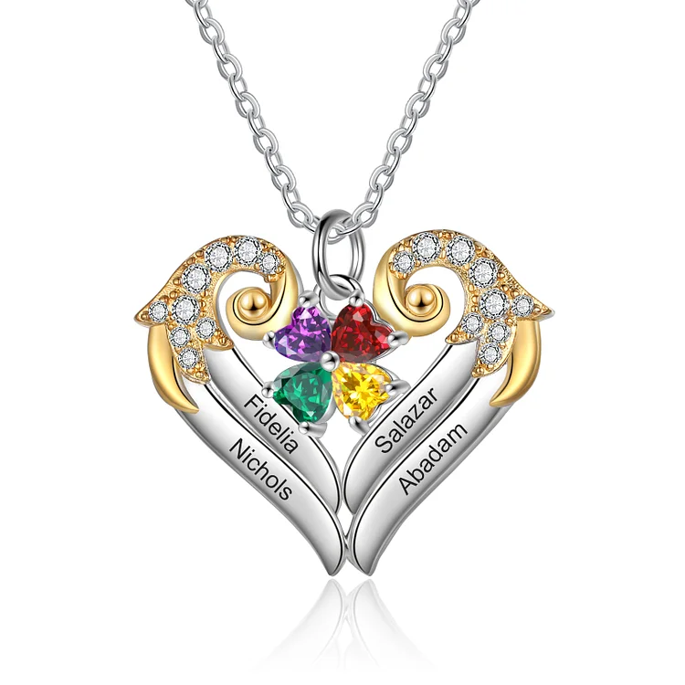 Collar con nombre de corazón 4 nombres 4 piedras de nacimiento