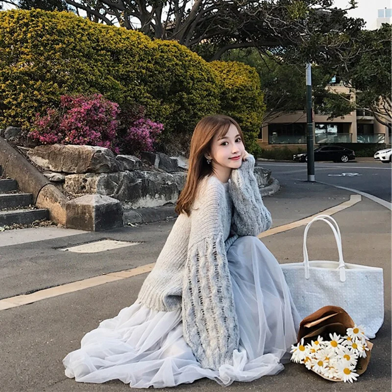 Women Two Piece Sets Autumn Winter Sweater Girls Loose Simple Knitting Tops Womens Mesh Elegant Casual Korean Style Fashion Chic
