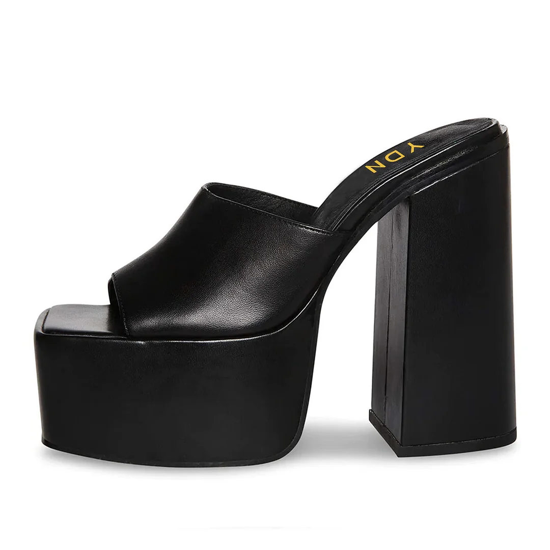 Vegan Leather Square Toe Wide Band Block Heel Black Mules for Women
