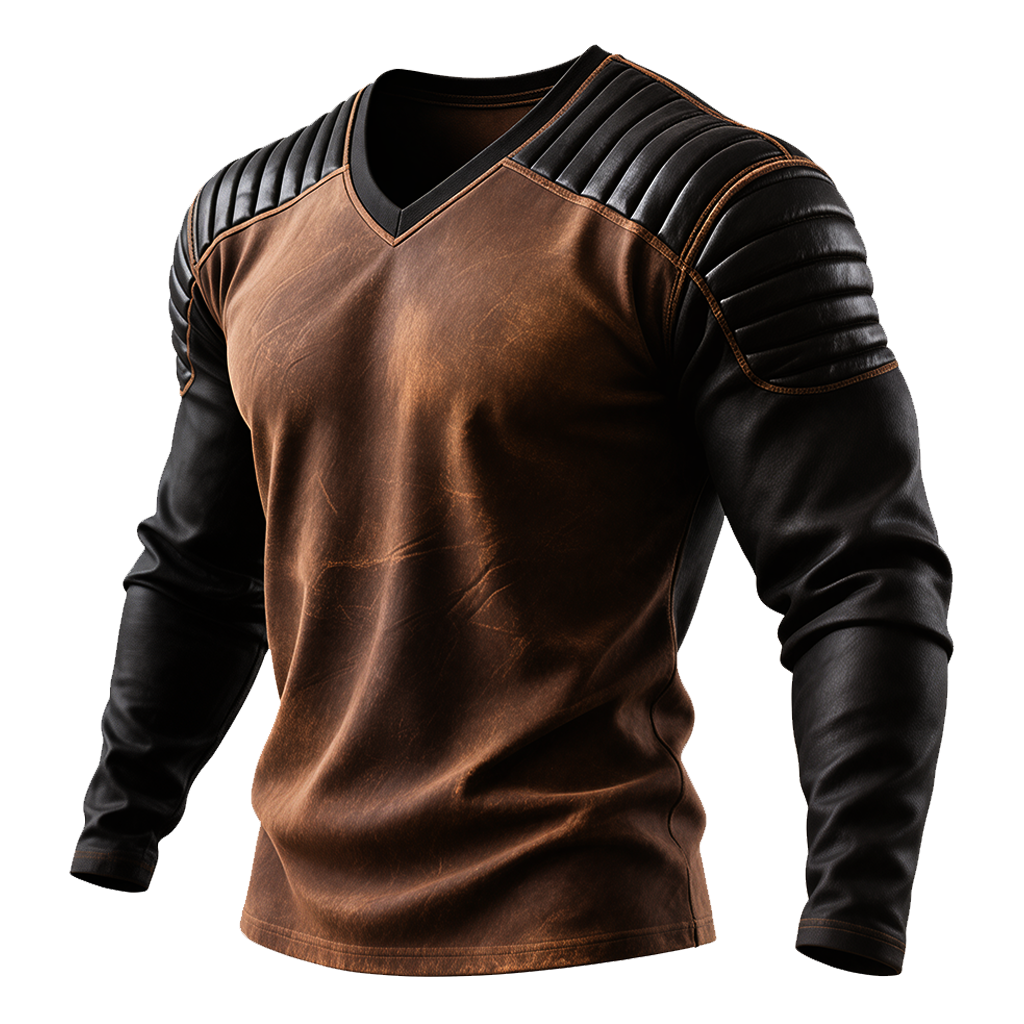 Men's Vintage Brown And Black Leather-Trimmed V-Neck Shirt-inspireuse