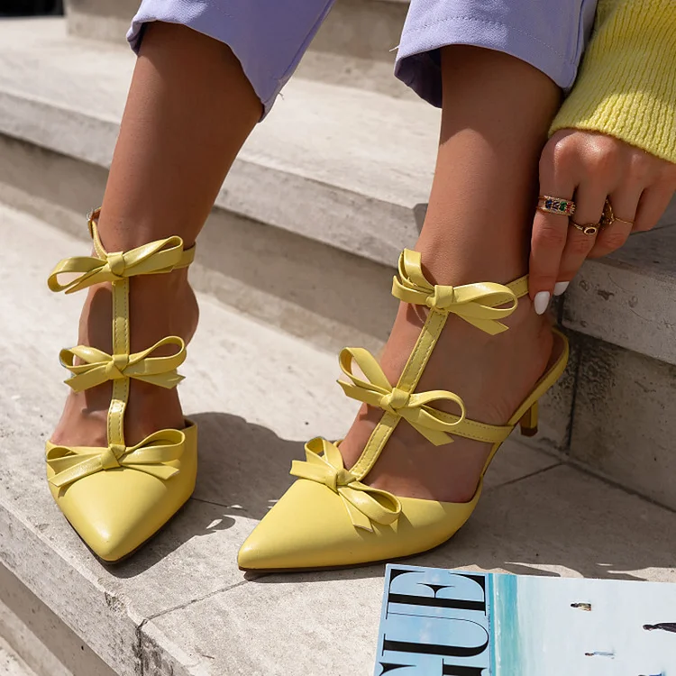 Yellow T-Strap Kitten Heels Pointed Toe Bow Party Pumps for Women |FSJ Shoes