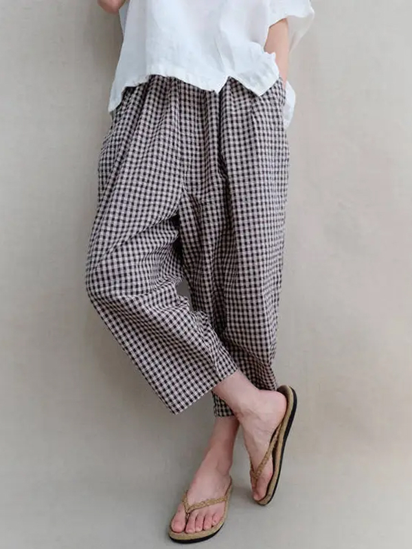 Checked Cotton And Linen Cropped Trousers hjn Shicloths