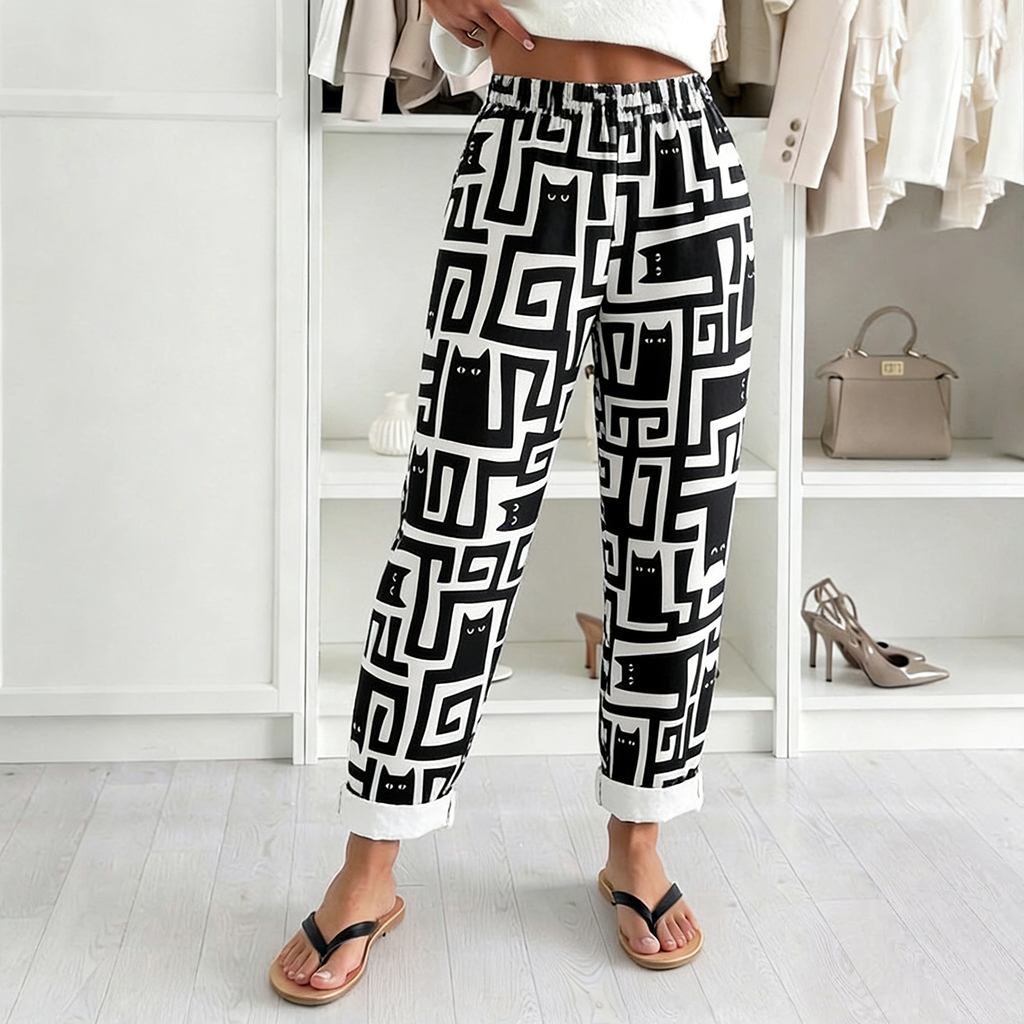 Comstylish Abstract Geometric Cat Art Pattern Cozy Linen Pants