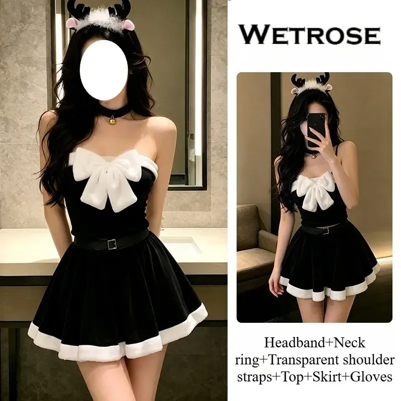 [Wetrose]In Stock Christmas Santa Strapless Bow Velvet Outfit Holiday Party Fancy Dress Cosplay Costume Xmas 