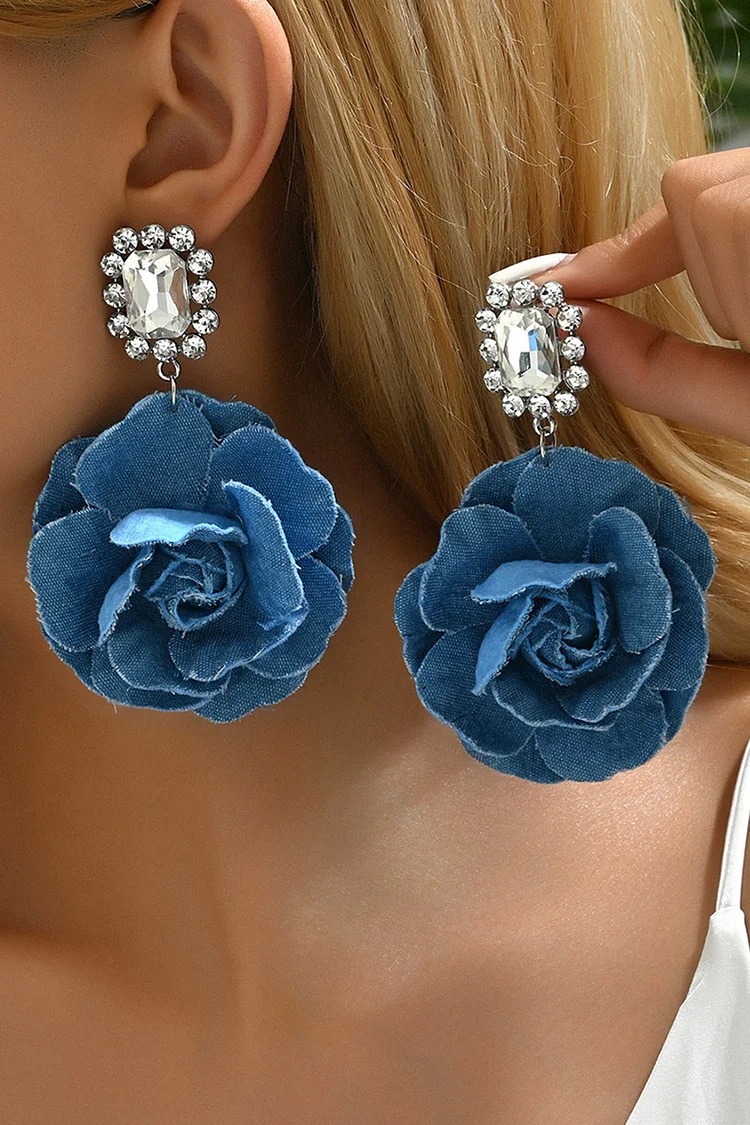 Party Fashion Rhinestone Denim Flower Pendant Dangle Earrings 2024 - Xpluswear