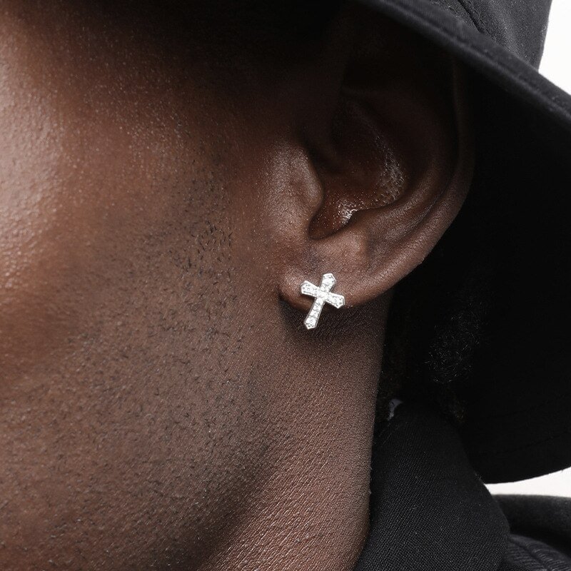 Iced Out Rhinestones Men's Cross Stud Earrings-VESSFUL