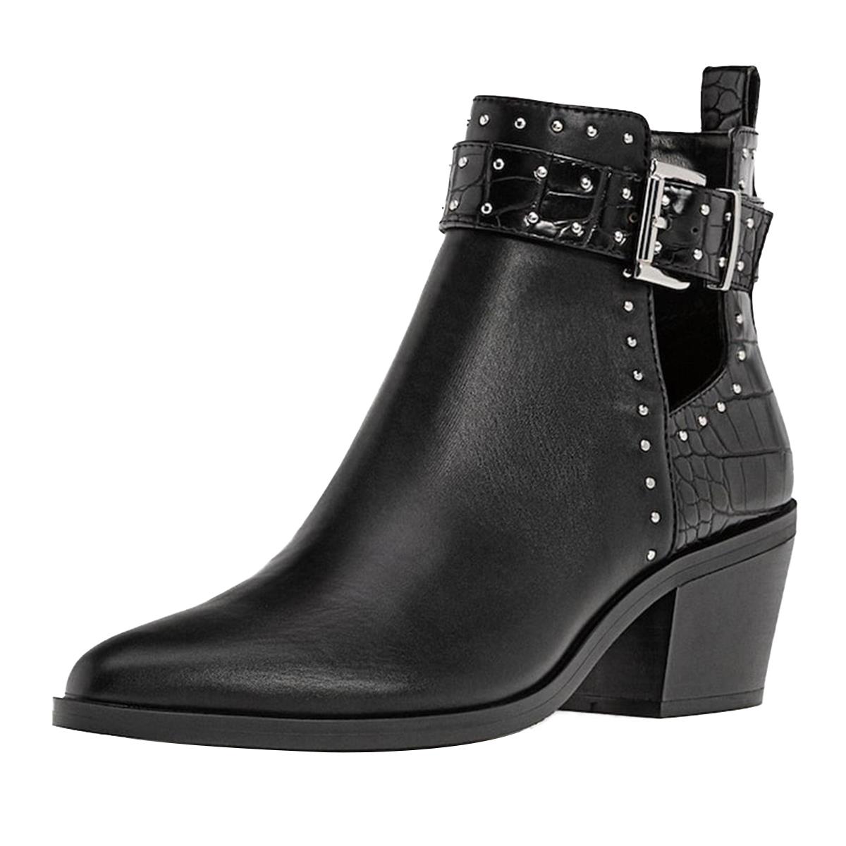 Black Pointed Toe Crocodile Pattern Chunky Heel Ankle Boots with Stud Nicepairs