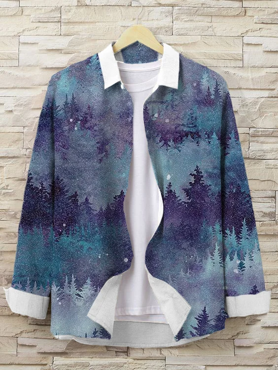 Men's Watercolor Forest Art Print Casual Long Sleeve Shirt