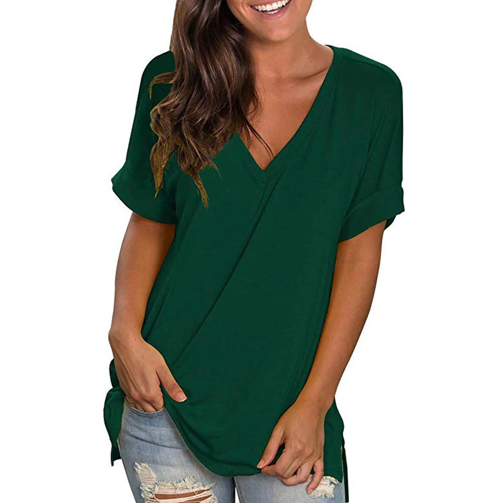 Solid Color Loose V Neck T Shirt