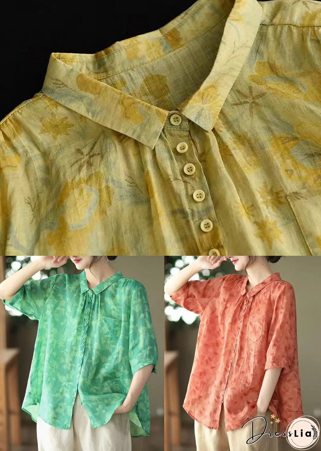 Plus Size Green Peter Pan Collar Patchwork Linen Blouses Summer
