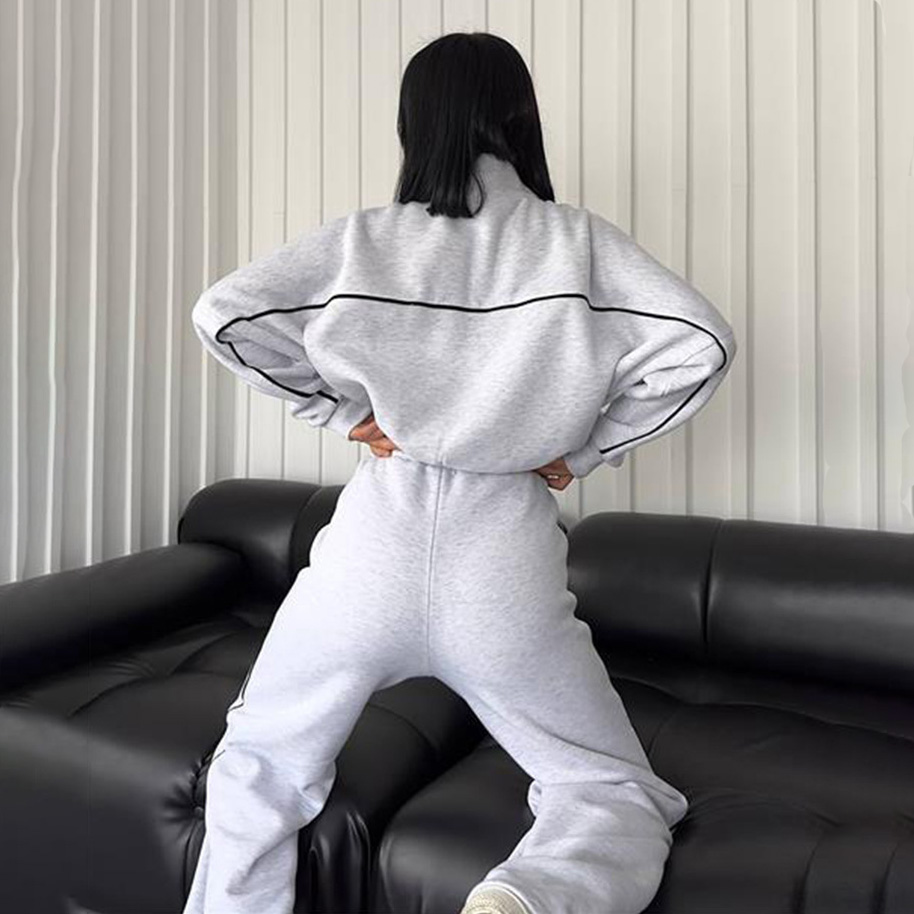 Casual Set Long Sleeve Half High Neck Cardigan Sweatshirt Lace Up Striped Pants