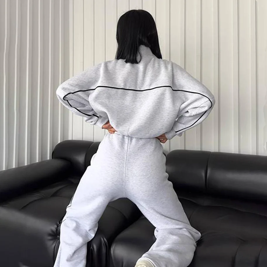 Casual Set Long Sleeve Half High Neck Cardigan Sweatshirt Lace Up Striped Pants