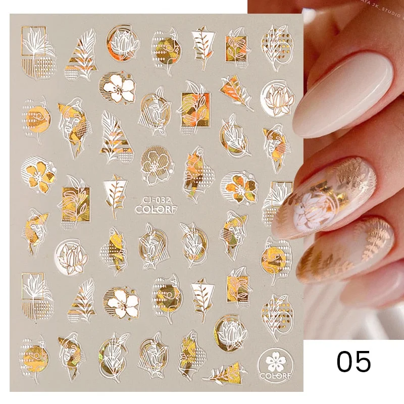 1 Pc White Gold Laser Leaves 3D Nail Stickers Leaf Cute Spring Sliders for Nails Flowers Adhesive Sticker Nail Art Design Decal-Nail Inspo