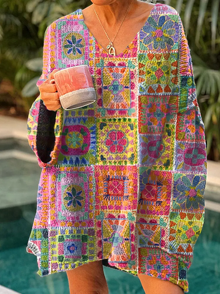Women's Vintage Abstract Geometric Art Print Casual Pullover Sweater