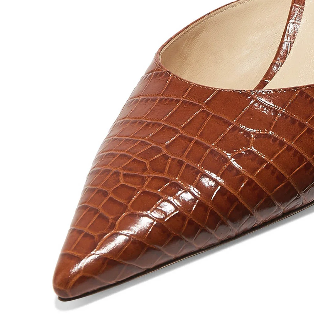 YDN Brown Pointed Toe Crocodile Embossed Stiletto Heeled Mules