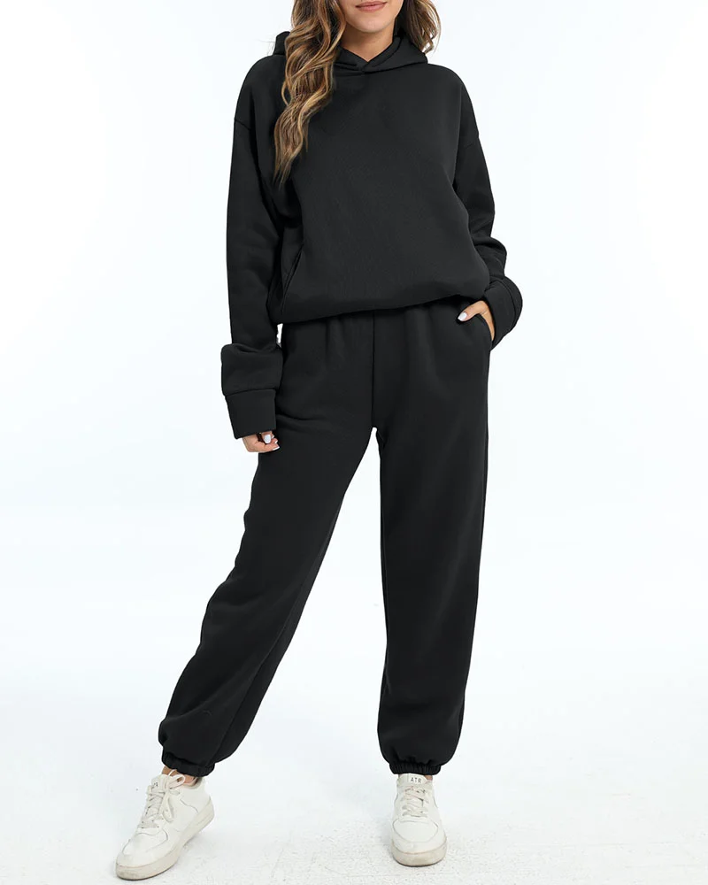 Fashion Casual Hooded Solid Color Two-piece Suit