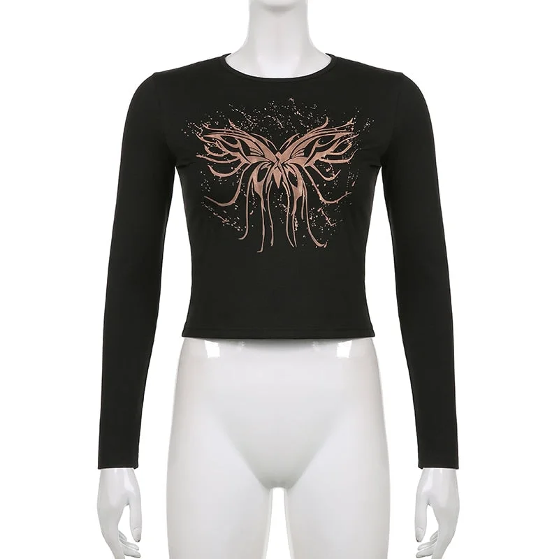 Sweetown Girl Techwear Butterfly Print Kawaii Goth Graphic T Shirts Women O Neck Long Sleeve Slim Basic Autumn Tees Cropped