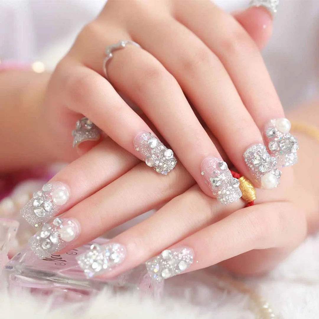 Wedding Beauty Fake Nails DIY Glitter Acrylic Full Cover Nail Art Tips with Glue Girls Shining Rhinestones Fashion False Nail-Nail Inspo
