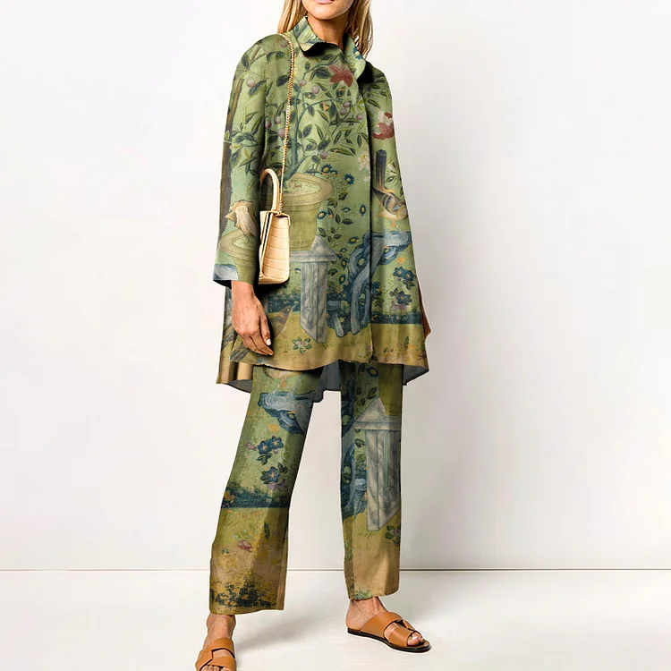 Fashion Chinese Painting Print Shirt Two Piece Set