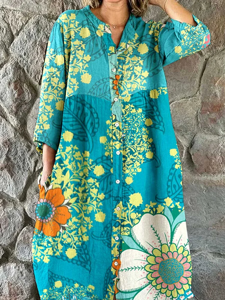 Women's  Artistic Floral Pattern Cotton Shirt Dress