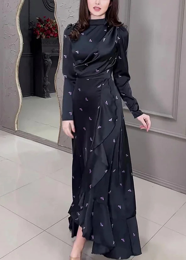 New Black Ruffled Print Silk Long Dress Fall