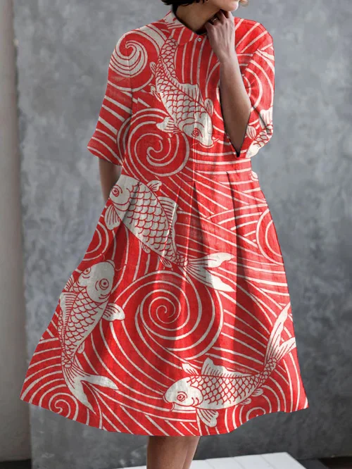 Japanese Fish Art Print Casual Elegant Pocket Short Sleeve Dress