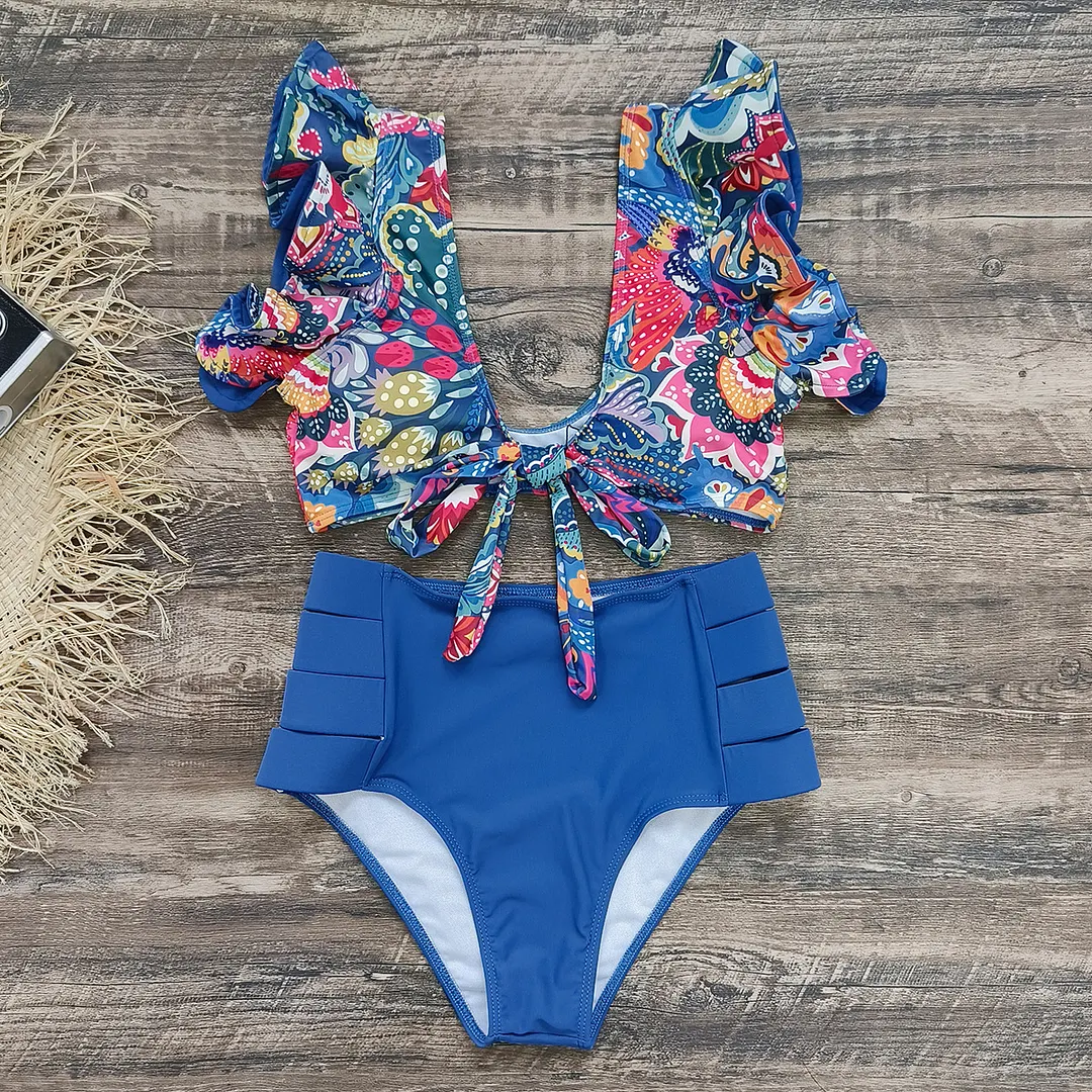 Brownm Bikini2025 New Lotus Edge Bikini Split Swimsuit Sexy High Waist