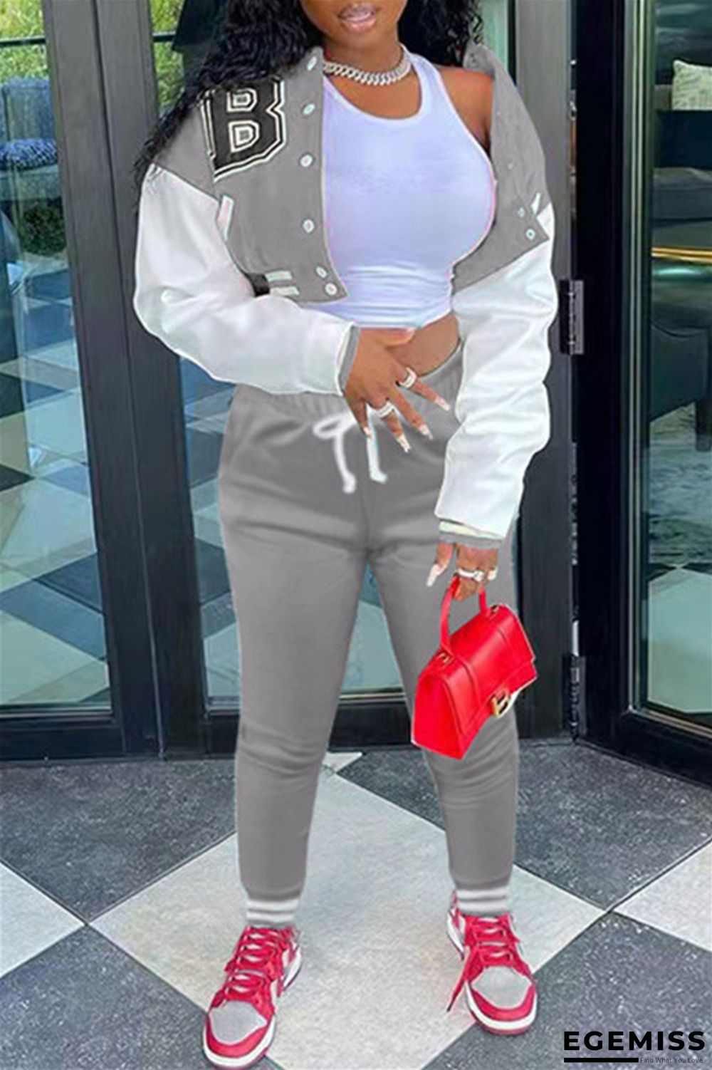 Grey Fashion Casual Patchwork Printing Long Sleeve Two Pieces | EGEMISS