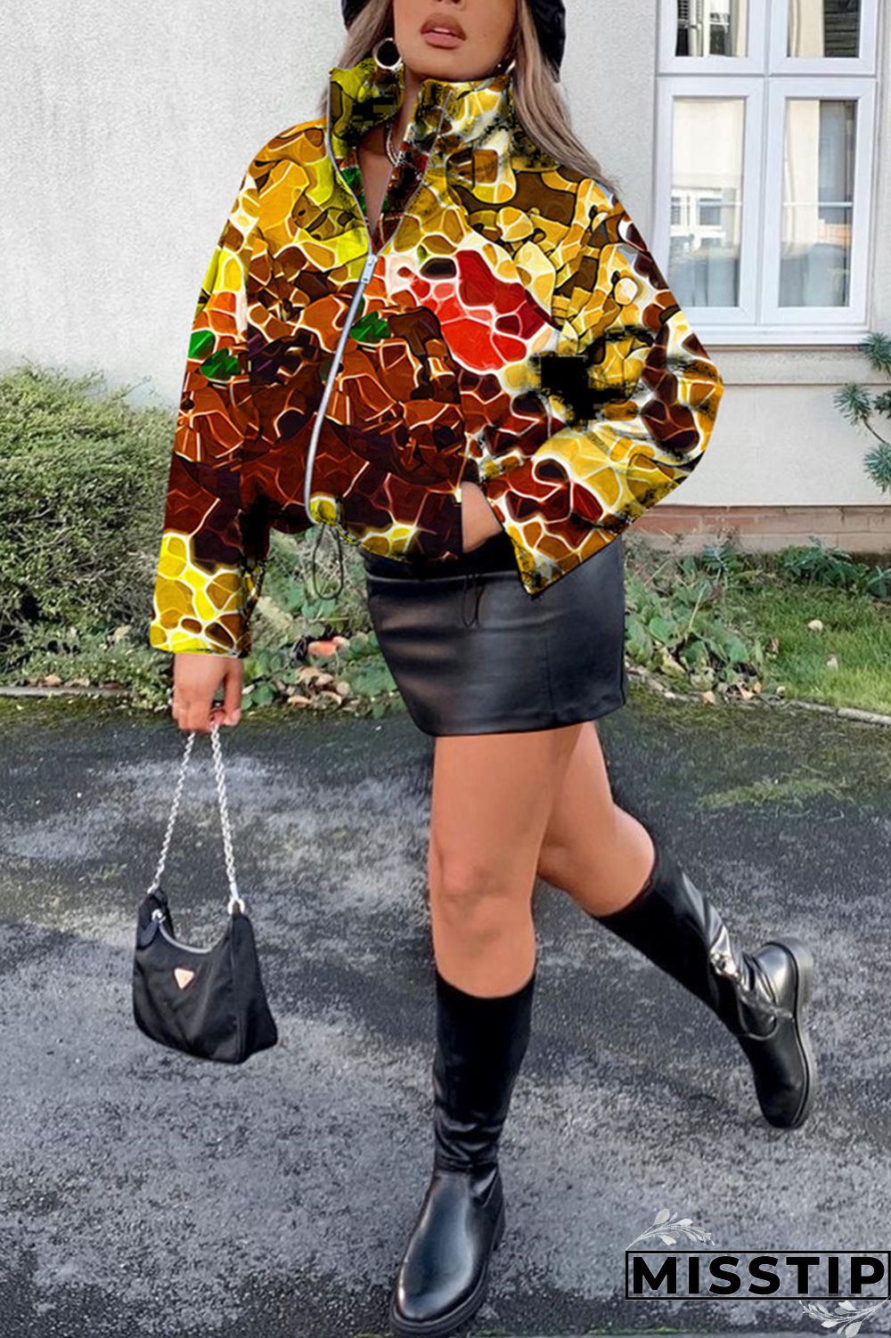 Cyanine Fashion Casual Print Basic Mandarin Collar Outerwear