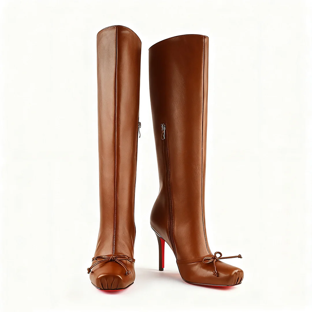 100mm Women's Knee Boots Red Bottom Matte Bowknot Knee Boots-MERUMOTE