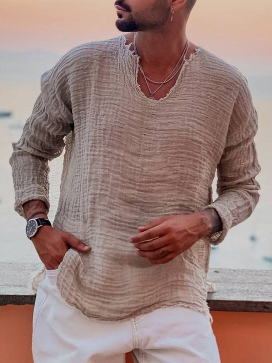 Men's Loose and Comfortable V-neck Frayed Cotton and Linen Shirt