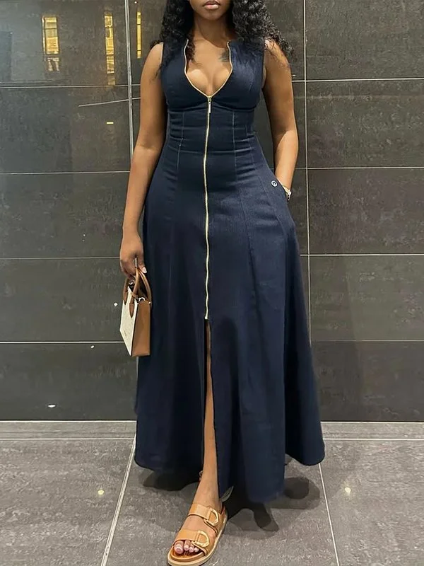 Zipper Split-front Solid Color Sleeveless Loose V-neck Maxi Dresses