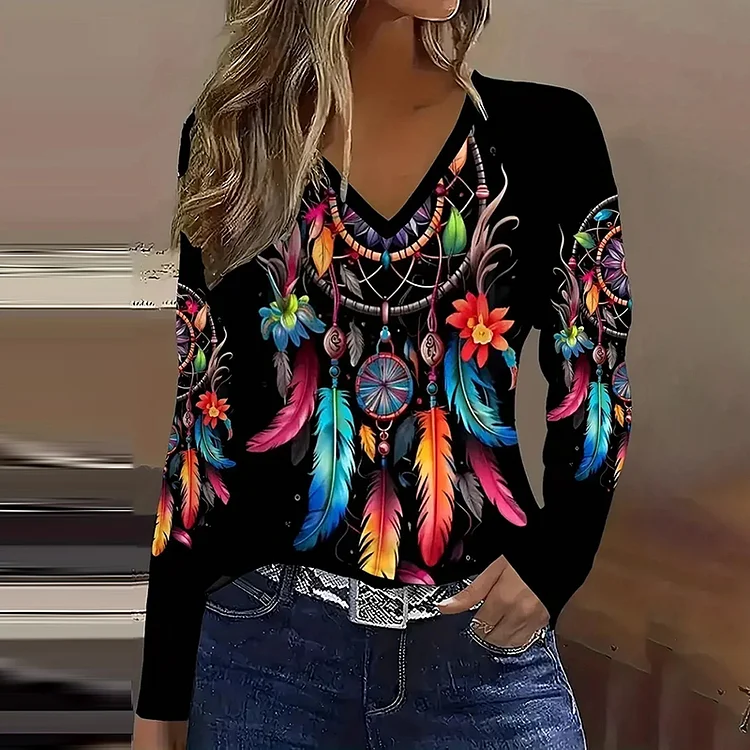 Simpfit Lässiges T-Shirt mit V-Ausschnitt und langen Ärmeln im Vintage-Western-Print