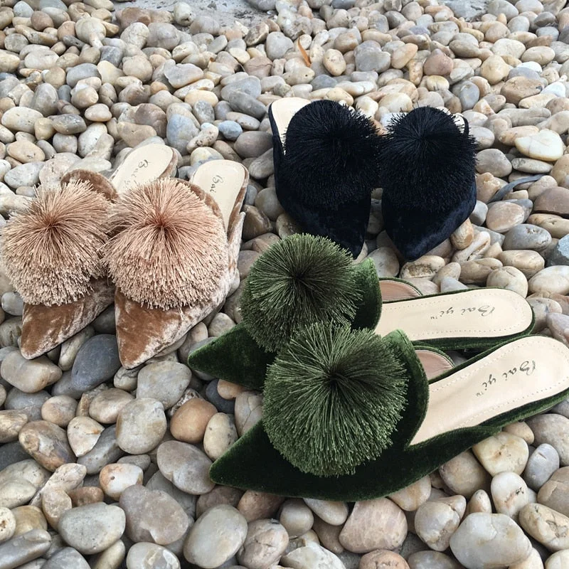 Muller Flat Pointed Slippers Furry Ball Baotou Slipper Tassel Lazy outside Holiday Slippers Women