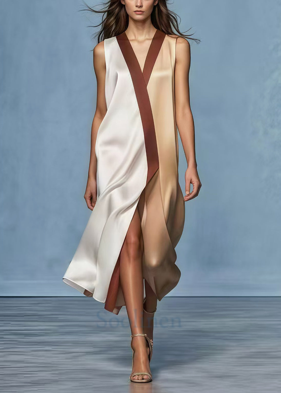 VCSHOES Colorblock Patchwork Side Open Draping Silk Dress Summer
