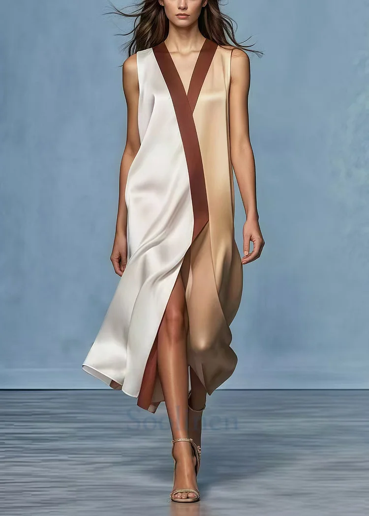 Fashion Colorblock Patchwork Side Open Draping Silk Dress Summer