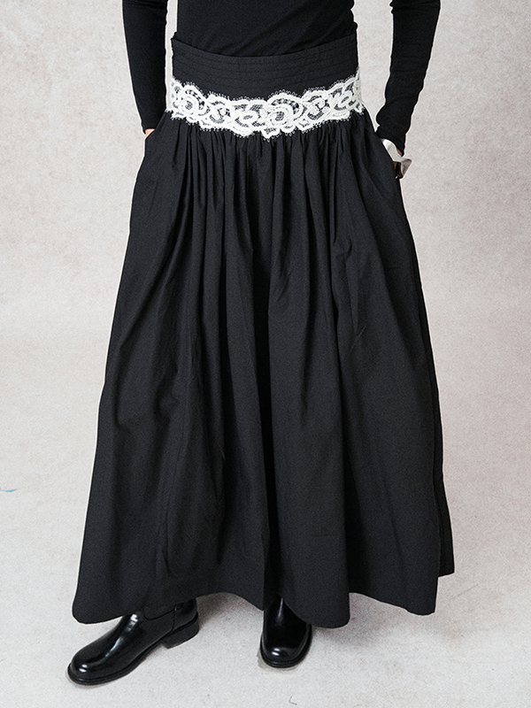 High Waist Lace Trim Pleated Long Skirts