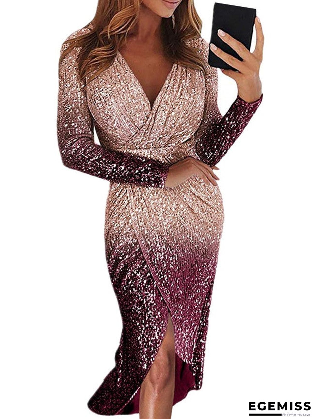 Long Skirt Evening Dress Long Sleeve Gradient Color Sequin Dinner Dress | EGEMISS