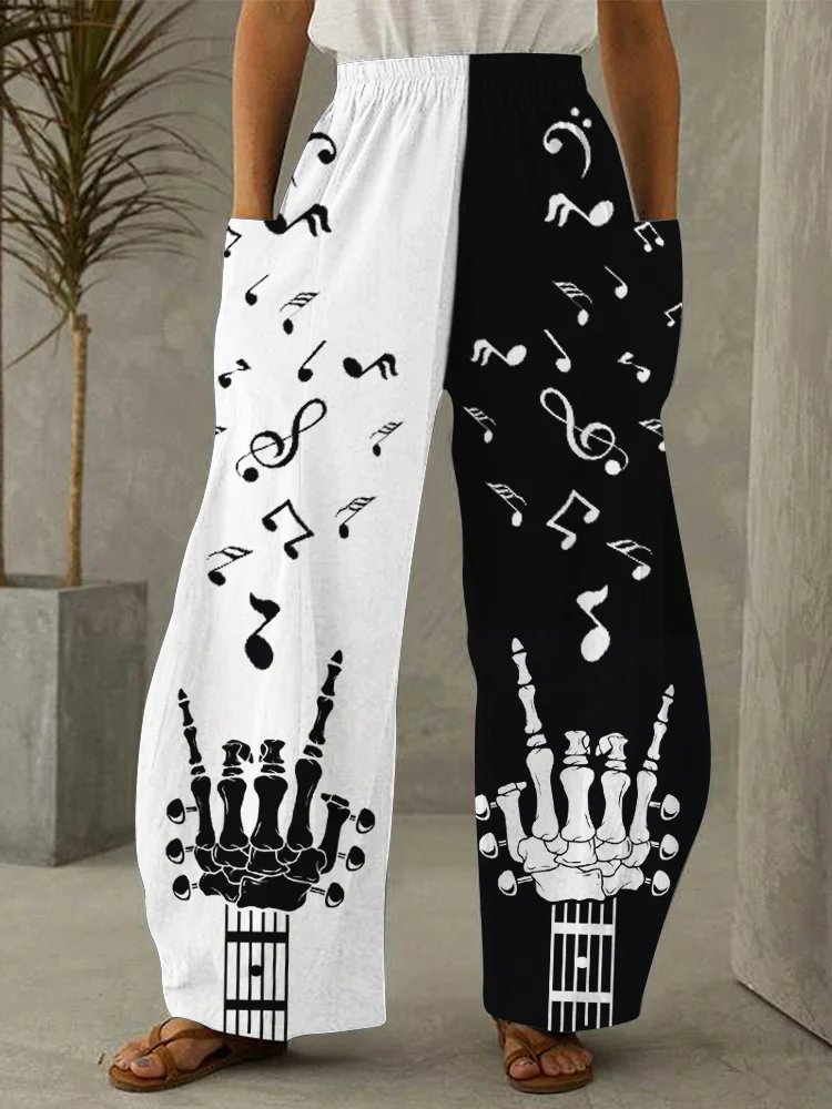 Music Lover Hand Bone Guitar Inspired Wide Leg Casual Pants