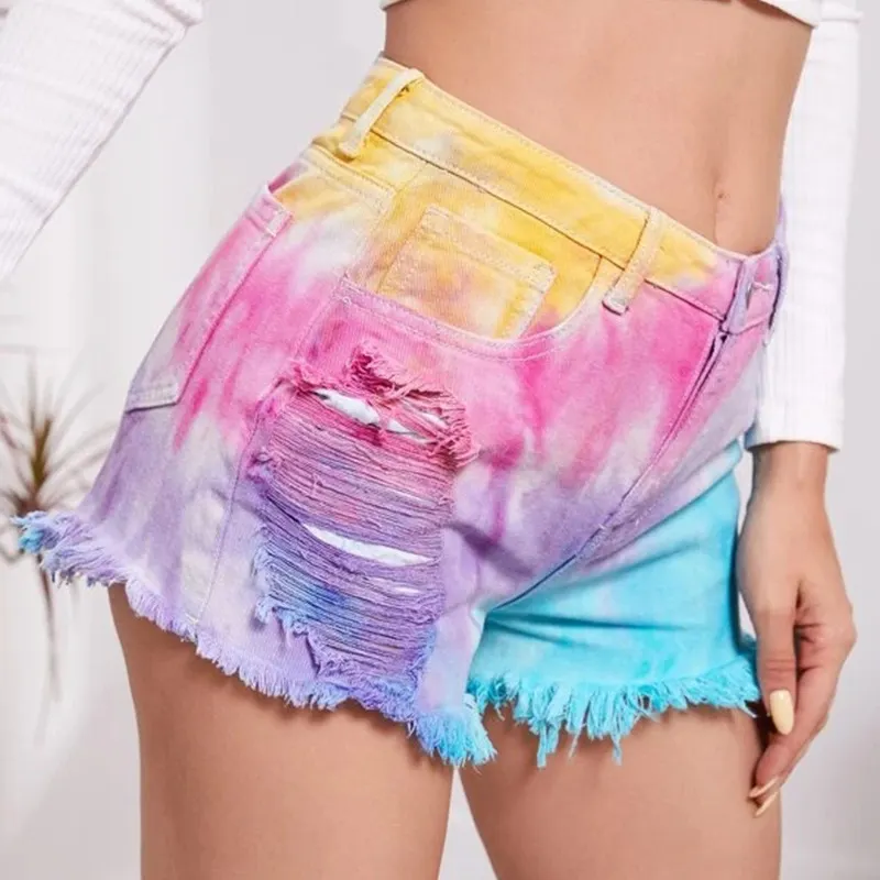 Tie-Dye Distressed Denim Shorts