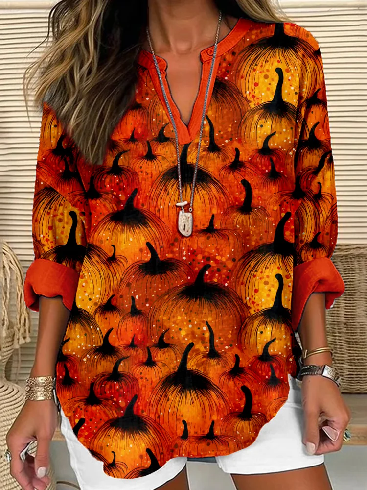 Haloween Pumpkin Pattern Linen Blend Shirt