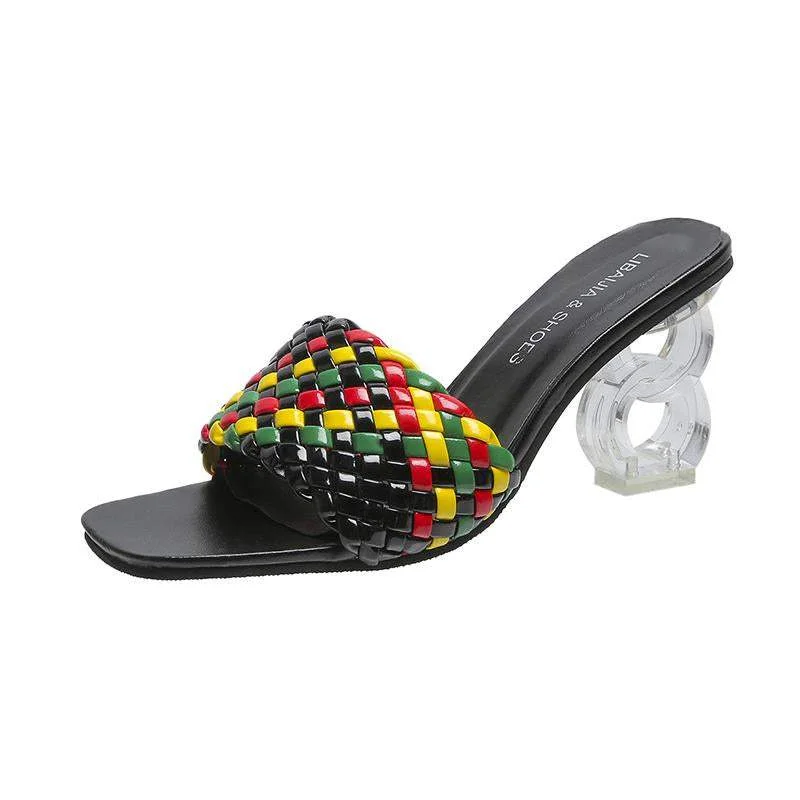Candy Colored Woven High-heeled Slippers