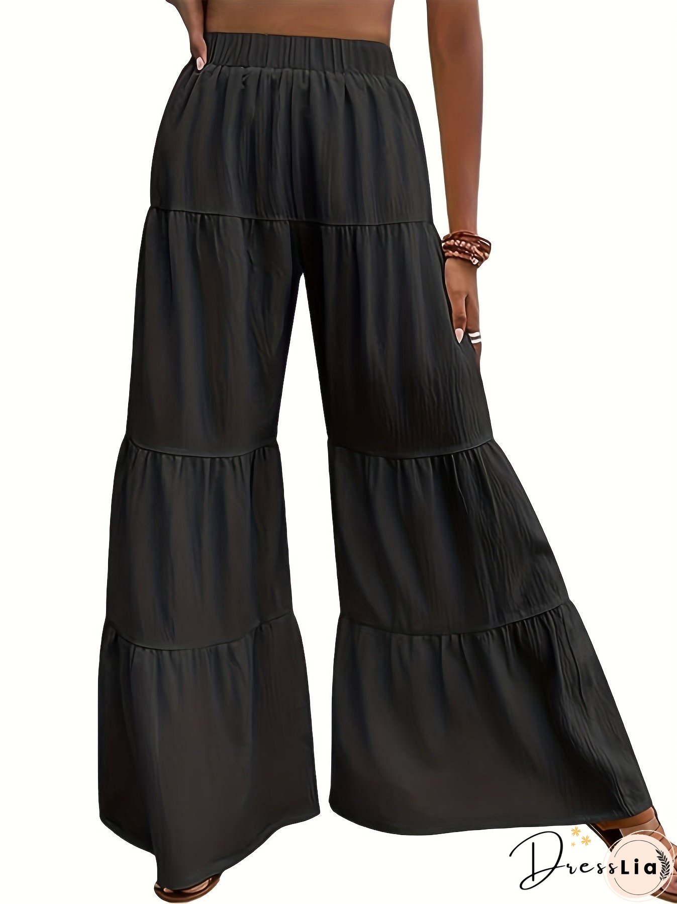 Solid Elastic Waist Wide Leg Pants, Casual Ruffle Hem Pants For Spring & Fall, Women's Clothing