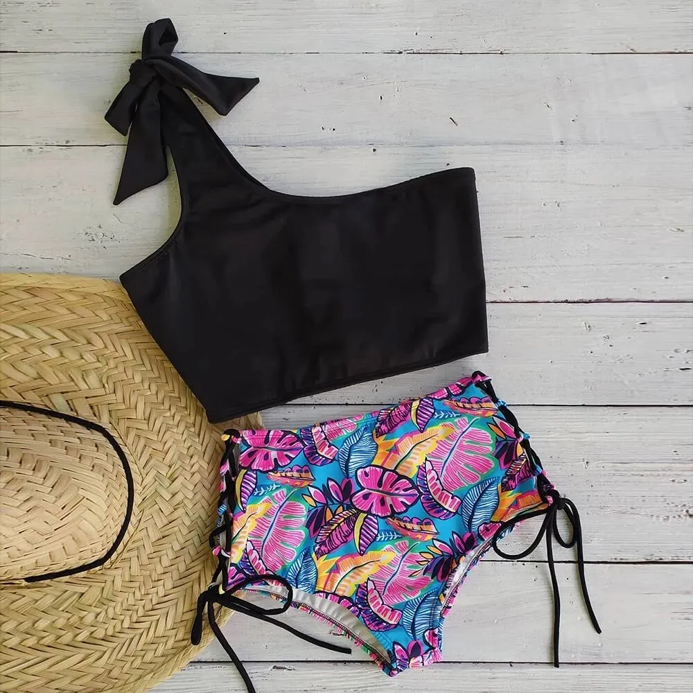 2021 New Sexy High Waist Bikini Set Two Pieces Swimwear Women Print Ruffle Bandage Swimsuit Bathing Suit Beachwear biquini
