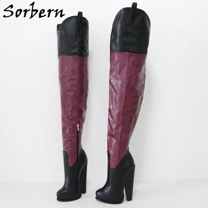 VCSHOES 11Cm Wedge Long Boots Women Unisex Style Round Toe Mid Thigh High Unisex Style Fetish Shoes Custom Wide Slim Leg