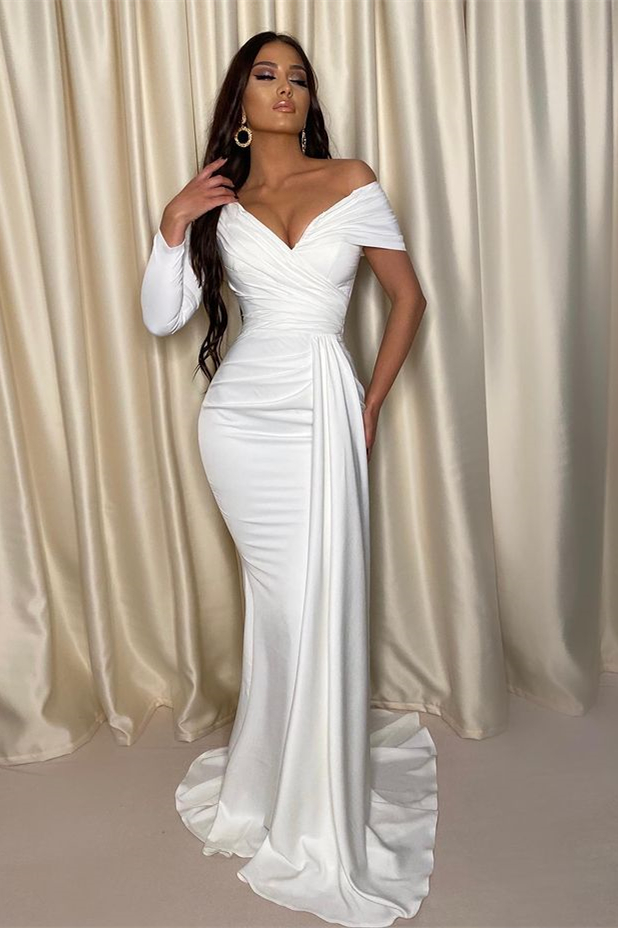 Bellasprom Long Sleeve Off-the-Shoulder White Prom Dress Mermaid Long With Pleats Bellasprom