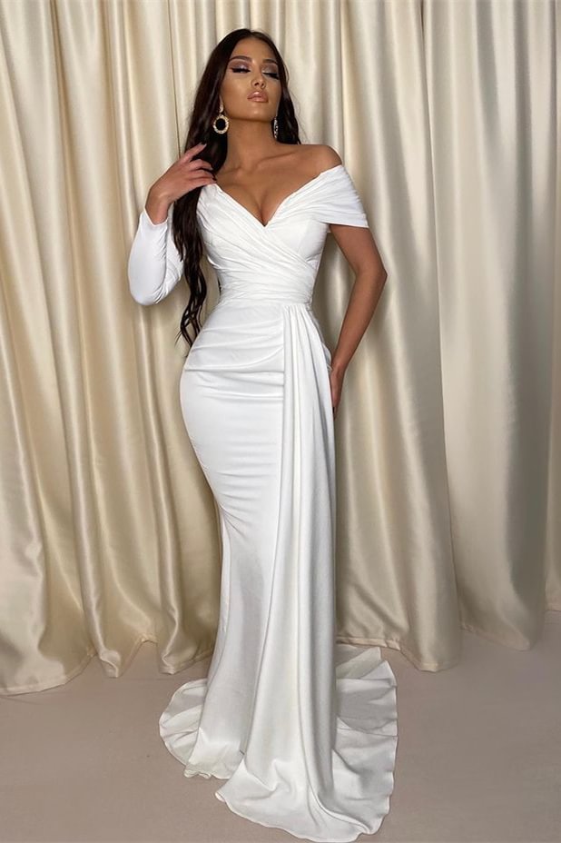 Luluslly Long Sleeve Off-the-Shoulder White Evening Dress Mermaid Long With Pleats